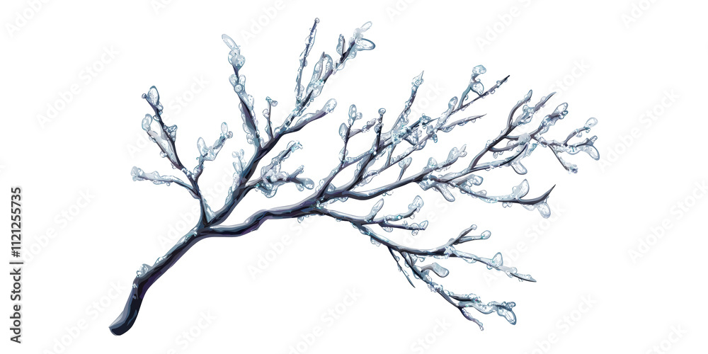 Obraz premium Frost-covered branch with ice crystals isolated on transparent background