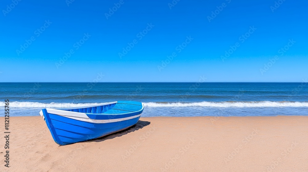 Blue Boat on Sandy Beach: A solitary blue boat rests on a sandy beach, bathed in the warm glow of a clear blue sky. The gentle waves of the ocean lap at the shore. Blue Boat on Sandy Beach: A solitary blue boat rests on a sandy beach, bathed in the warm glow of a clear blue sky. The gentle waves of the ocean lap at the shore.