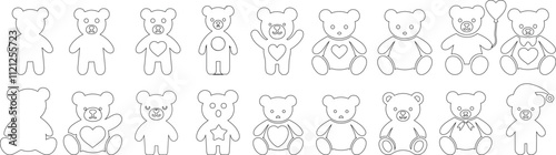 teddy bear vector outline featuring heart, bow, and star designs. Perfect for coloring books, kids crafts, and educational projects. Cute sitting and standing teddy bear designs