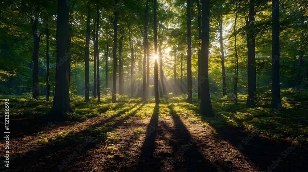 Fototapeta premium Sunlight Through Trees in Forest - Photo