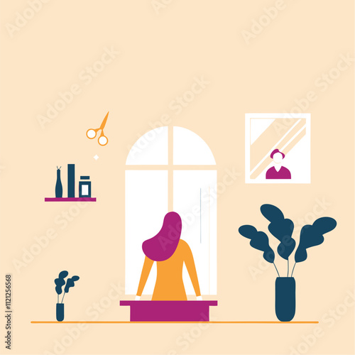 Vector illustration of a woman standing in front of the window at home