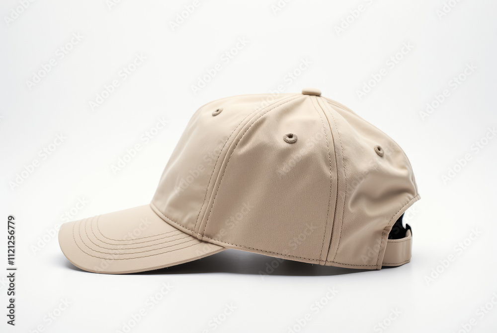 A beige unstructured baseball cap on a white background A beige unstructured baseball cap on a white background