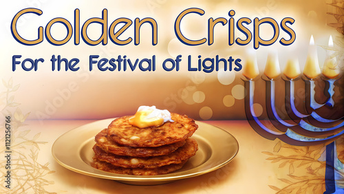 Hanukkah golden crisp pancakes on festive table photo