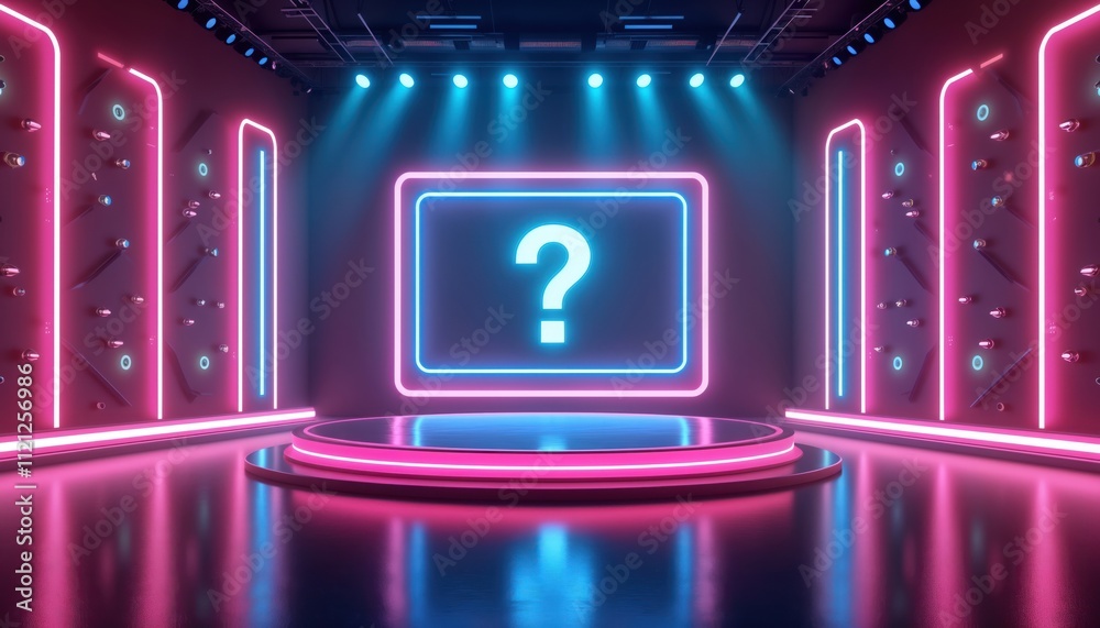 Obraz premium Neon stage for quiz show on TV. Modern game show set with glowing purple, blue neon lights. Large question mark on screen. Circular podium stage. Interactive walls. Live TV show event. Tournament