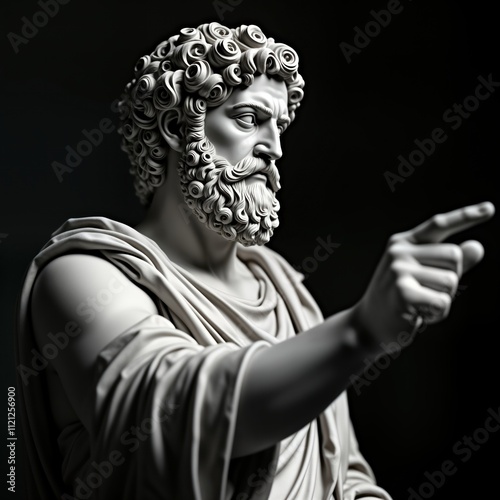 Ancient statue portrait of man with long hair, beard pointing finger. Man seems historical, important. Dramatic lighting highlights details in stone carving. Black background enhances sculpture. photo