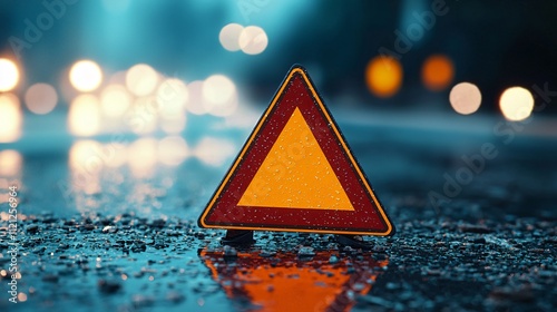 Warning triangle on a wet road at night, indicating caution in low visibility conditions. photo