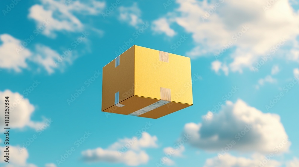 A floating yellow package against a bright blue sky with fluffy clouds. A floating yellow package against a bright blue sky with fluffy clouds.