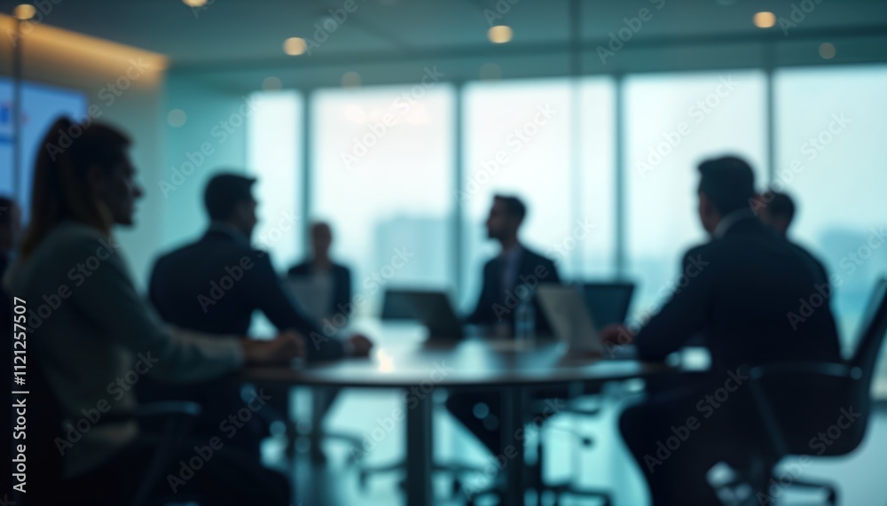 Business people sit in conference room. Group meeting around round table. Blurred silhouettes suggest dynamic indoor environment. Modern office space. Team work in progress. Business people focus. Business people sit in conference room. Group meeting around round table. Blurred silhouettes suggest dynamic indoor environment. Modern office space. Team work in progress. Business people focus.