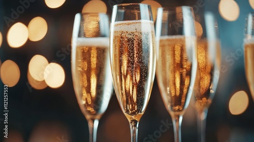 Sparkling champagne flutes filled with bubbly drink, elegantly arranged against a backdrop of soft golden lights.