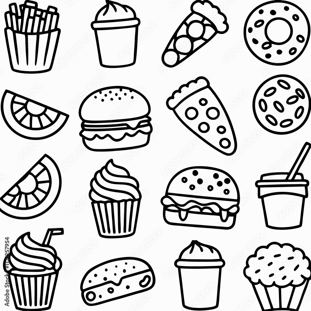 Collection of line art fast food and dessert icons. Collection of line art fast food and dessert icons.