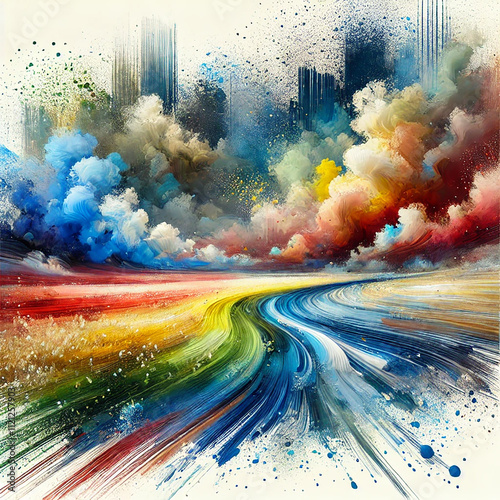 AI image - An artwork made of paint splashes resembling a landscape. Dynamic, creative, and abstract photo