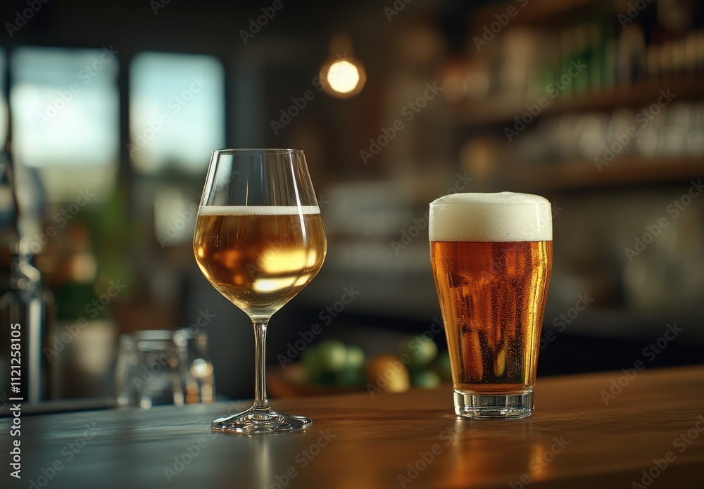 Refreshing Glass of Golden Beer and Crisp Pale Ale on Wooden Bar Counter in Cozy Modern Pub with Blurred Background Atmosphere Refreshing Glass of Golden Beer and Crisp Pale Ale on Wooden Bar Counter in Cozy Modern Pub with Blurred Background Atmosphere