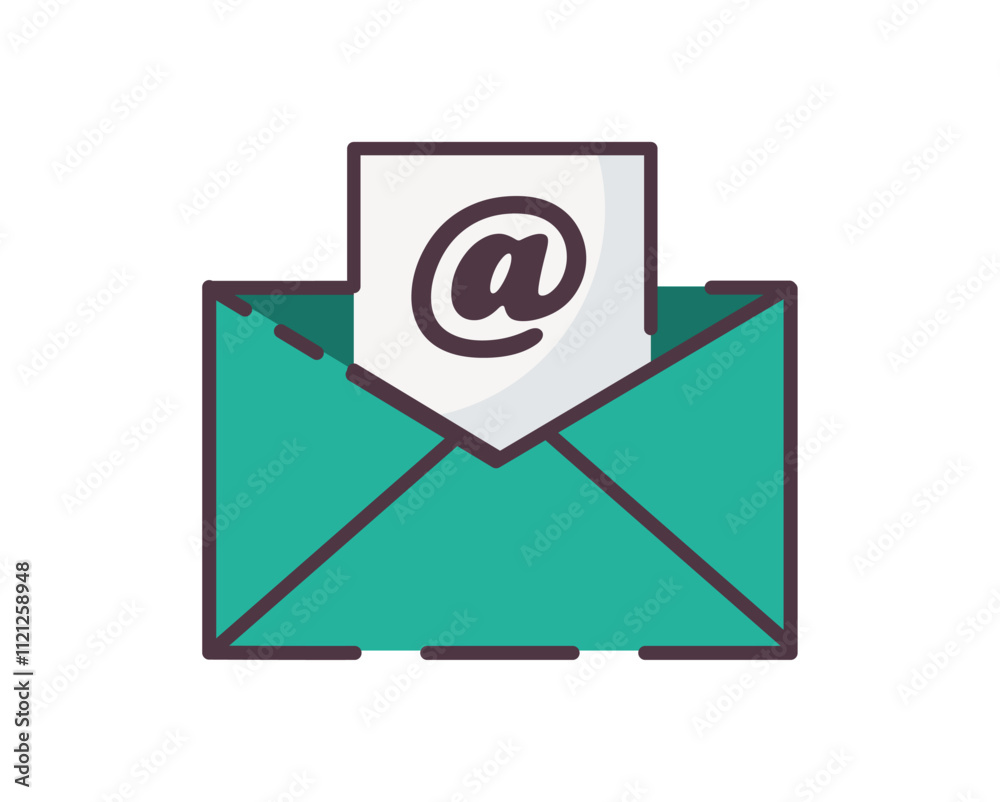 Email e-mail icon illustration. Flat line color icon of a tea email envelope icon with a message featuring the @ symbol. Represents digital communication. Colored outline icon. Email e-mail icon illustration. Flat line color icon of a tea email envelope icon with a message featuring the @ symbol. Represents digital communication. Colored outline icon.
