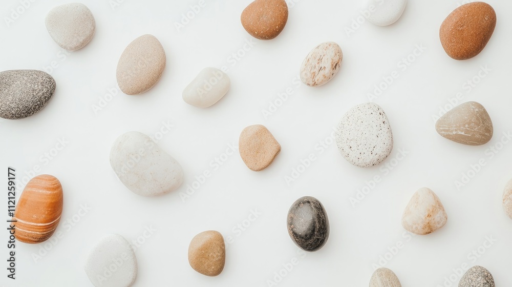 Assorted Natural Stones and Pebbles on White Background for Organic and Minimalist Design Projects