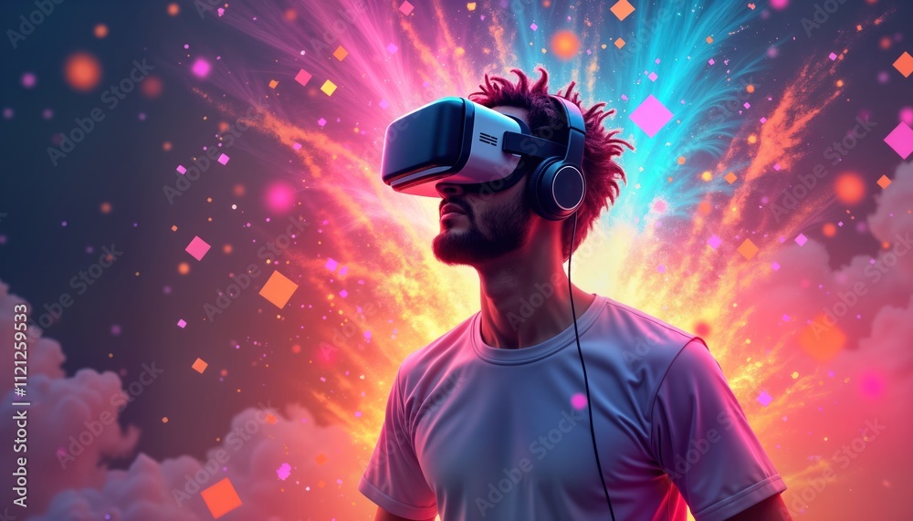 Man wearing VR headset, headphones immersed in vibrant virtual reality. Colorful explosive virtual environment with floating geometric shapes surrounds. Futuristic, trendy tech experience. Man wearing VR headset, headphones immersed in vibrant virtual reality. Colorful explosive virtual environment with floating geometric shapes surrounds. Futuristic, trendy tech experience.