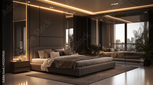 Contemporary bedroom design with a large bed, sleek furnishings, and elegant lighting that enhances the serene environment.