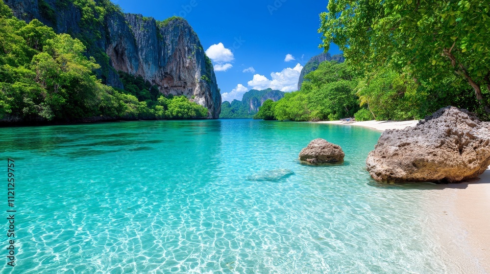 Secluded Tropical Lagoon: Crystal clear turquoise water laps gently against a pristine white sand beach, framed by lush green foliage and dramatic limestone cliffs. A tranquil paradise awaits. Secluded Tropical Lagoon: Crystal clear turquoise water laps gently against a pristine white sand beach, framed by lush green foliage and dramatic limestone cliffs. A tranquil paradise awaits.