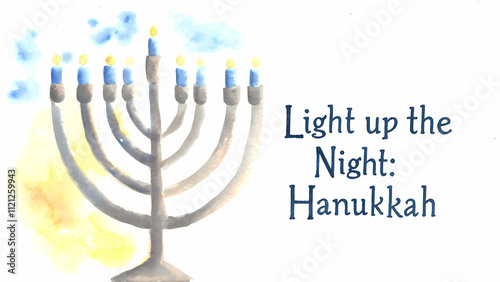 Menorah with glowing candles on white background