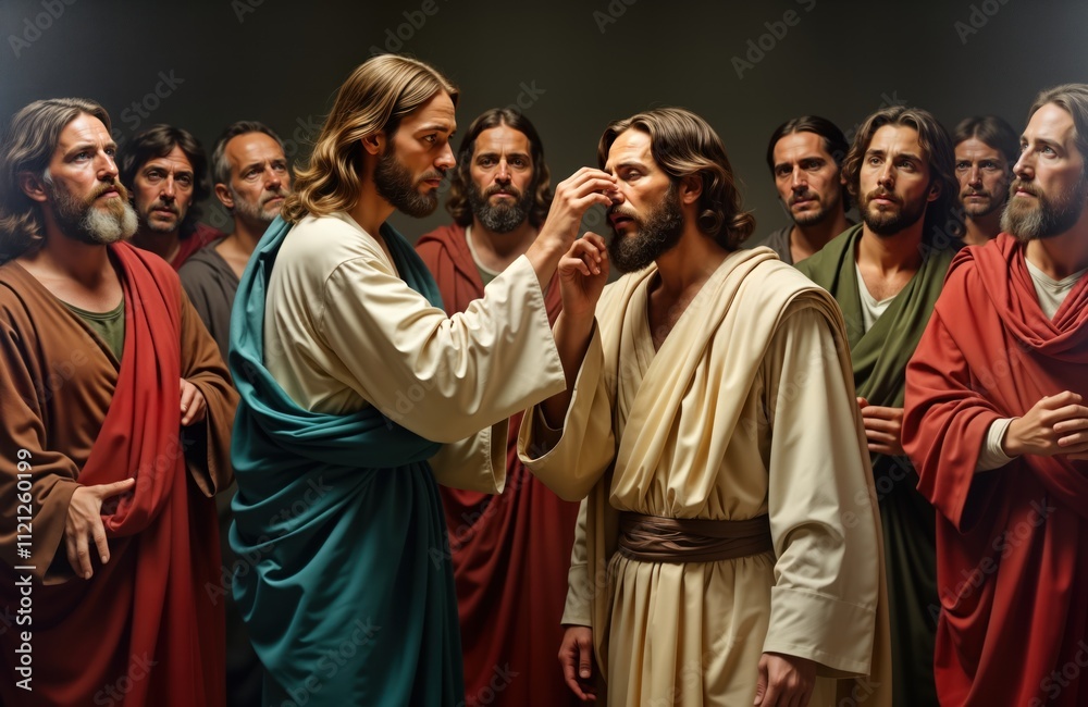 Jesus heals blind man. Religious art piece shows Jesus touching blind man face. People around Jesus, disciples. Biblical scene. Historical art. Spiritual moment. Jesus compassionately touches blind Jesus heals blind man. Religious art piece shows Jesus touching blind man face. People around Jesus, disciples. Biblical scene. Historical art. Spiritual moment. Jesus compassionately touches blind