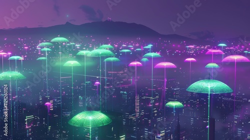 Futuristic cityscape with glowing neon umbrellas floating over skyscrapers, showcasing innovative architecture and vibrant nighttime urban designs.