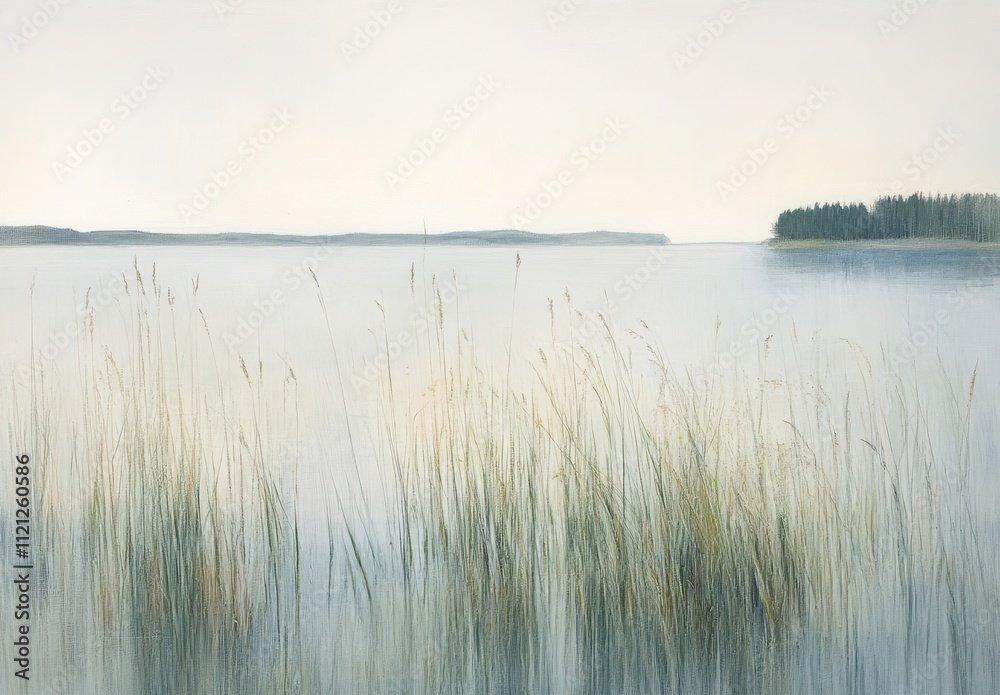 Serene Landscape of Calm Waters and Gentle Reeds Under a Soft Sky, Evoking Peaceful Nature in a Minimalist Scene Enhancing the Essence of Tranquility and Simplicity Serene Landscape of Calm Waters and Gentle Reeds Under a Soft Sky, Evoking Peaceful Nature in a Minimalist Scene Enhancing the Essence of Tranquility and Simplicity