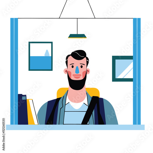 Hipster guy working at home office. Freelance, remote work, self employed concept. Vector illustration in flat style