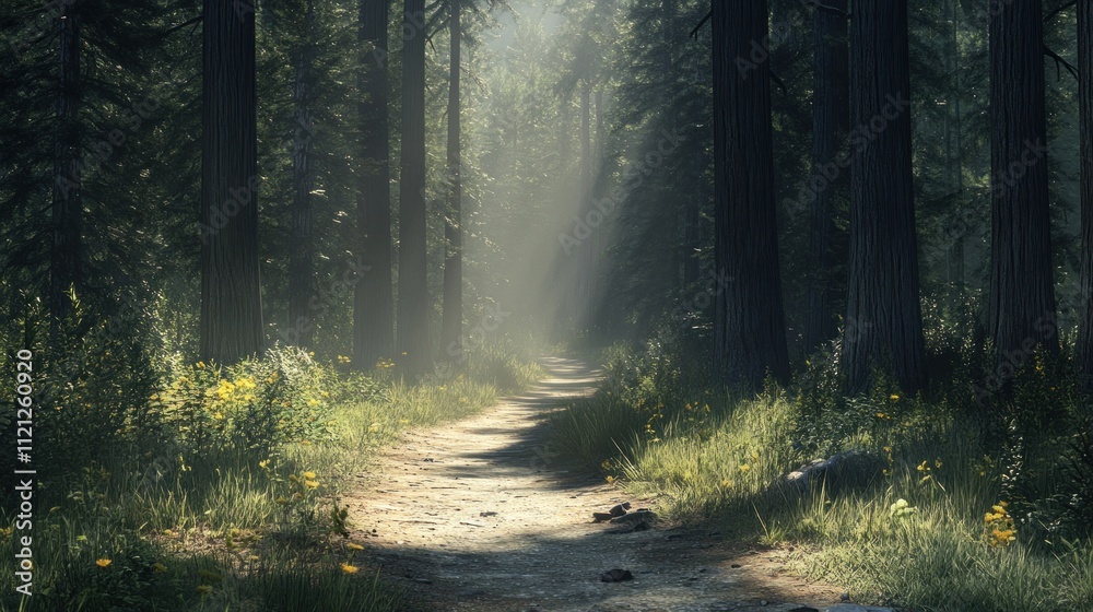 Obraz premium Sunlit Path Through a Misty Forest