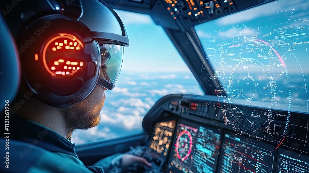 Futuristic Pilot in Cockpit with Advanced Technology Displaying Data and Navigation Systems Overlooking Cloudy Sky