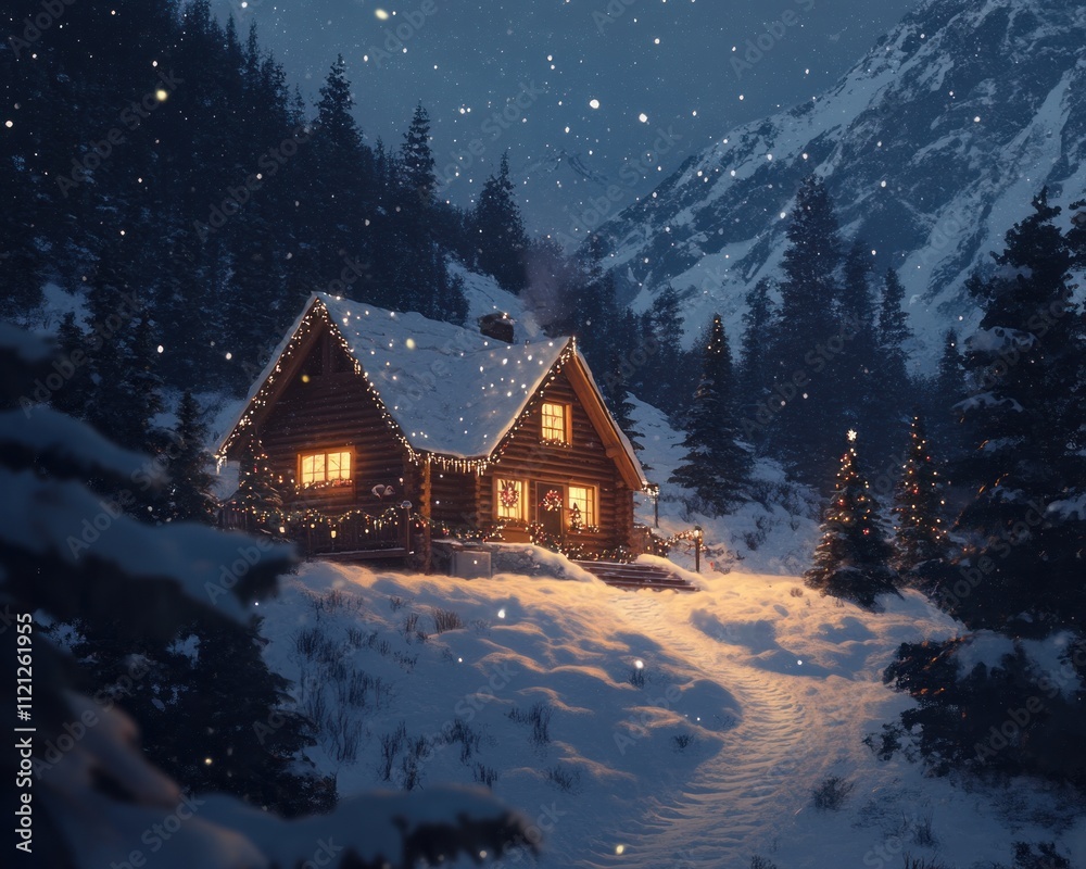 Fototapeta premium Cozy illuminated log cabin nestled in snowy mountain forest at night, Christmas lights and tree.