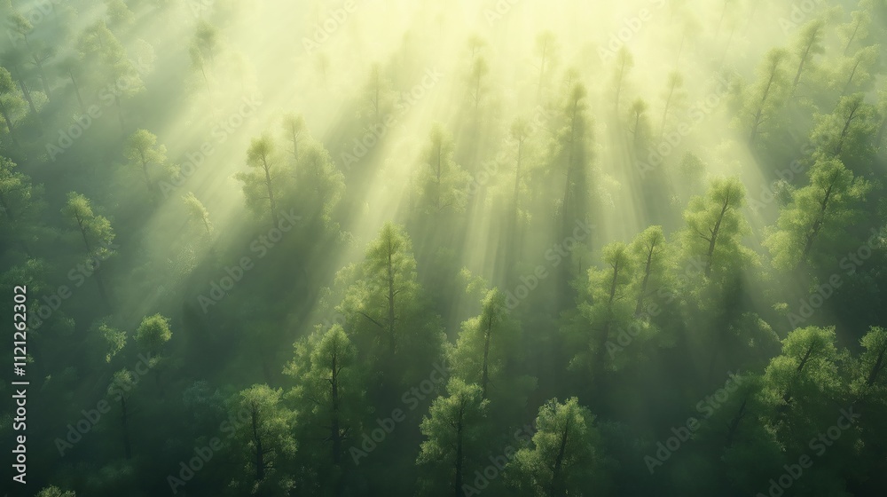 A forest with trees and sunlight shining through the leaves