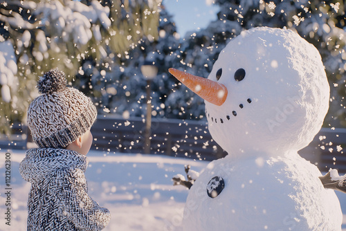 Child admires snowman in winter wonderland during snowfall