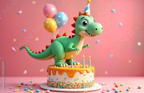 Fototapeta Naklejka Na Ścianę i Meble -  Cute cartoon dinosaur stands on birthday cake. Pink background with colorful balloons and confetti. Sweet treats for a cheerful party. Girly design. A cheerful celebration.