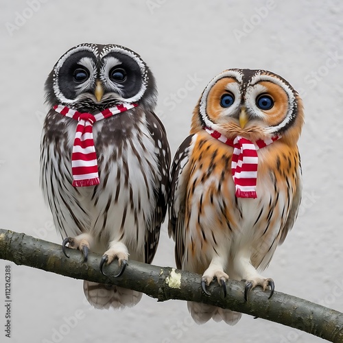 Colorful owl figurines, vibrant blue and orange owls, perched on branch, stylized owl sculptures, large eyes, detailed feathers, contrasting colors, whimsical art, closeup studio photography, photo