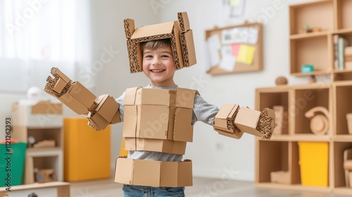 Joyful Small Boy Wearing Handmade Cardboard Robot Costume in Cheerful Indoor Playroom Environment