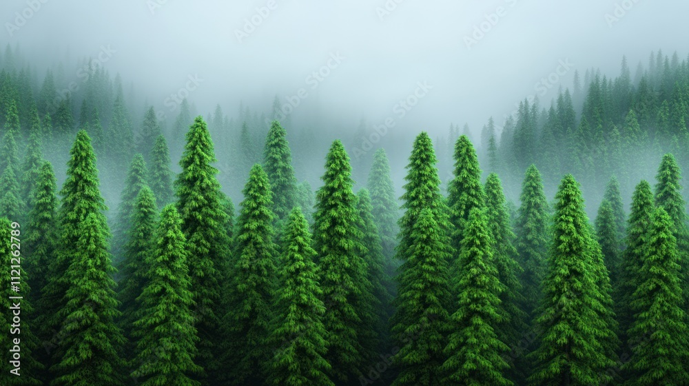 Dense evergreen forest shrouded in mist and fog. Dense evergreen forest shrouded in mist and fog.