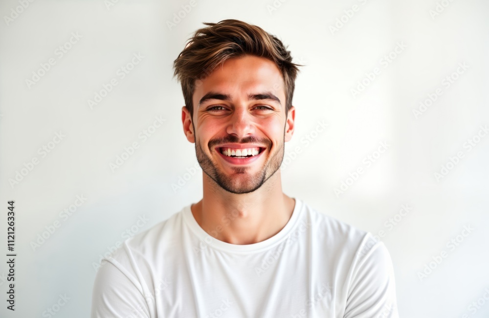 Handsome young man with short hair smiles cheerfully against white background. Indoor shot. Happy expression. Casual attire. Focus on head, upper body. Attractive male model. Confident look. Stylish Handsome young man with short hair smiles cheerfully against white background. Indoor shot. Happy expression. Casual attire. Focus on head, upper body. Attractive male model. Confident look. Stylish