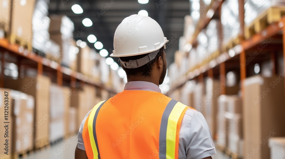 Worker in orange safety vest and white hardhat inspecting warehouse. Logistics management concept Worker in orange safety vest and white hardhat inspecting warehouse. Logistics management concept