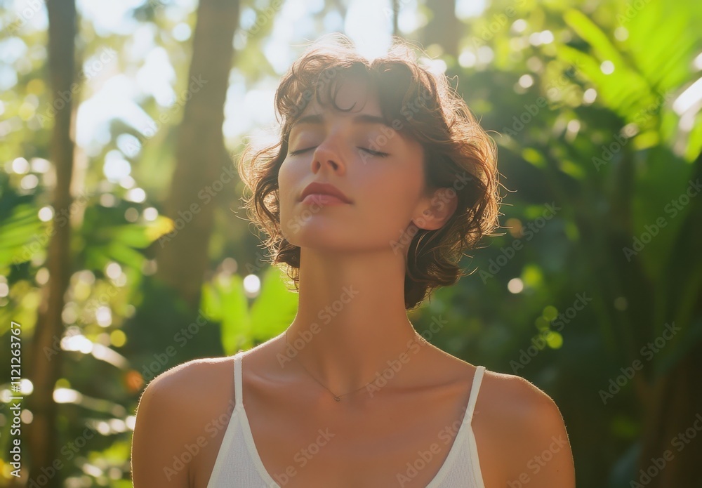 Serene Woman Enjoying Nature in a Lush Green Forest, Captured in Soft Natural Light, Evoking Peace and Tranquility with a Radiant Ambiance Serene Woman Enjoying Nature in a Lush Green Forest, Captured in Soft Natural Light, Evoking Peace and Tranquility with a Radiant Ambiance