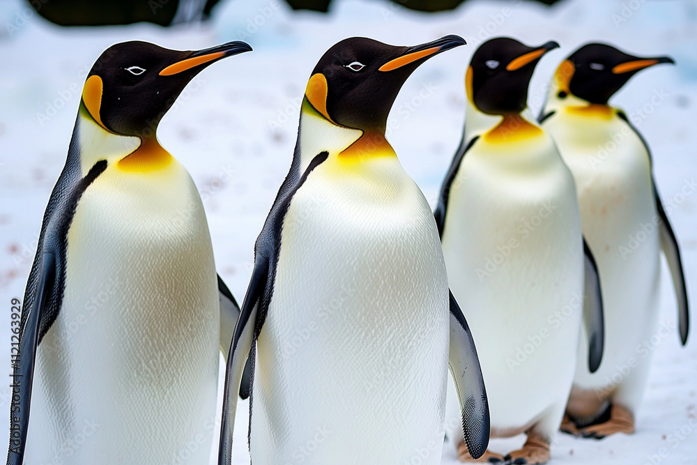 Fototapeta premium Group of emperor penguins standing on icy landscape