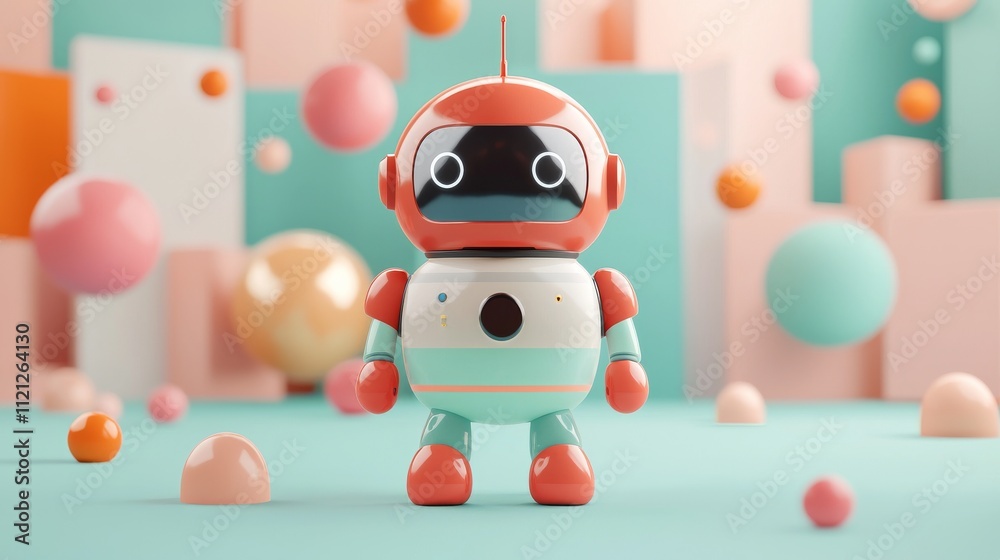 Fototapeta premium A colorful, playful robot character stands amidst soft geometric shapes and pastel spheres, creating a whimsical, vibrant scene.