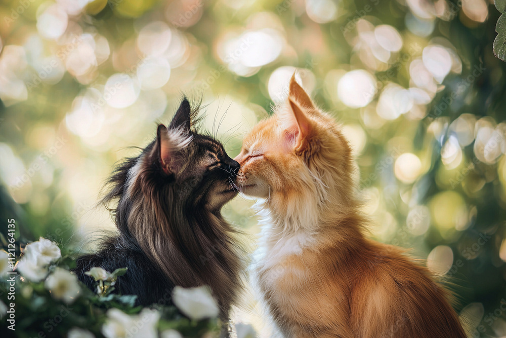 Cats share a tender moment in a lush garden full of blooms Cats share a tender moment in a lush garden full of blooms