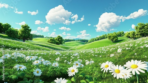 Spring background. Green meadow with chamomile flowers and trees. Cartoon illustration of beautiful summer valley landscape with blue sky.