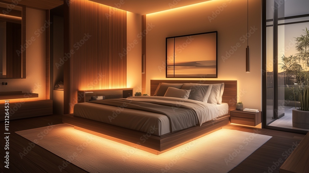 Cozy bedroom design with a sleek bed, warm wood accents, and soft lighting that creates a welcoming and invitingspace. Cozy bedroom design with a sleek bed, warm wood accents, and soft lighting that creates a welcoming and invitingspace.