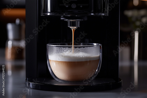 High-performance espresso machine preparing a creamy cappuccino in a modern kitchen. Sleek design and rich coffee texture make it perfect for gourmet lifestyle promotion. photo