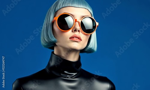 Bold fashion statement shines in striking blue backdrop with stylish model showcasing vibrant sunglasses
