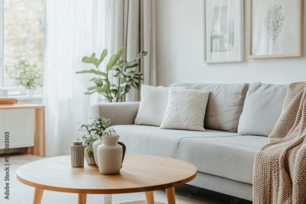 Scandinavian living room with a cozy sofa and natural decor, featuring indoor plants and bright lighting for a serene atmosphere. Scandinavian living room with a cozy sofa and natural decor, featuring indoor plants and bright lighting for a serene atmosphere.