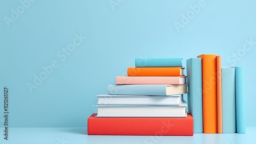 Colorful stacked books pyramid on a turquoise background showcasing vibrant colors and geometric shapes This image symbolizes education and creativity