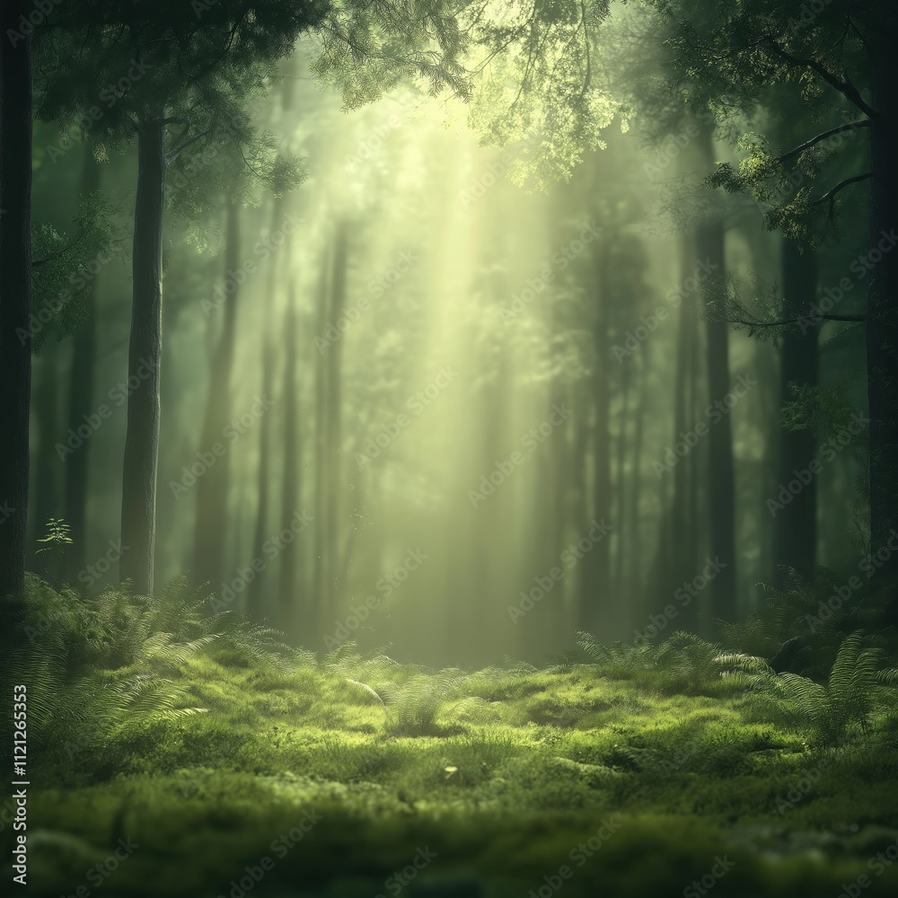 Obraz premium A forest with sunlight shining through the trees