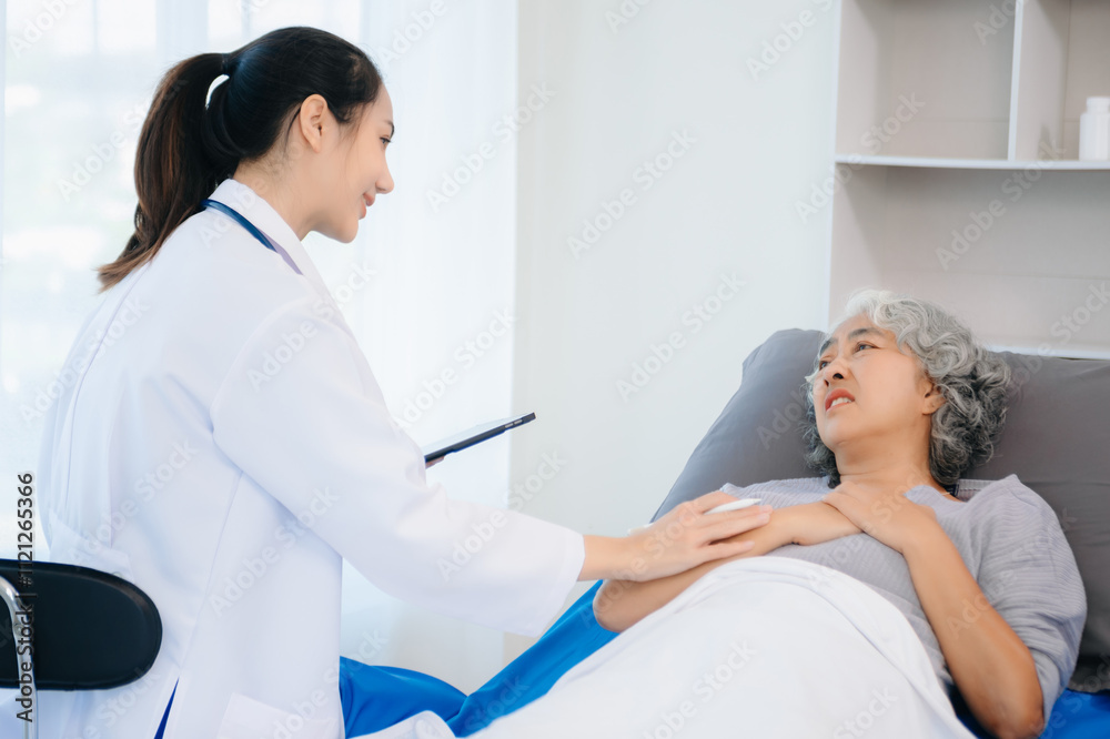 Smiling doctor discussing health with elderly patient. Perfect for medical, healthcare, caregiving,