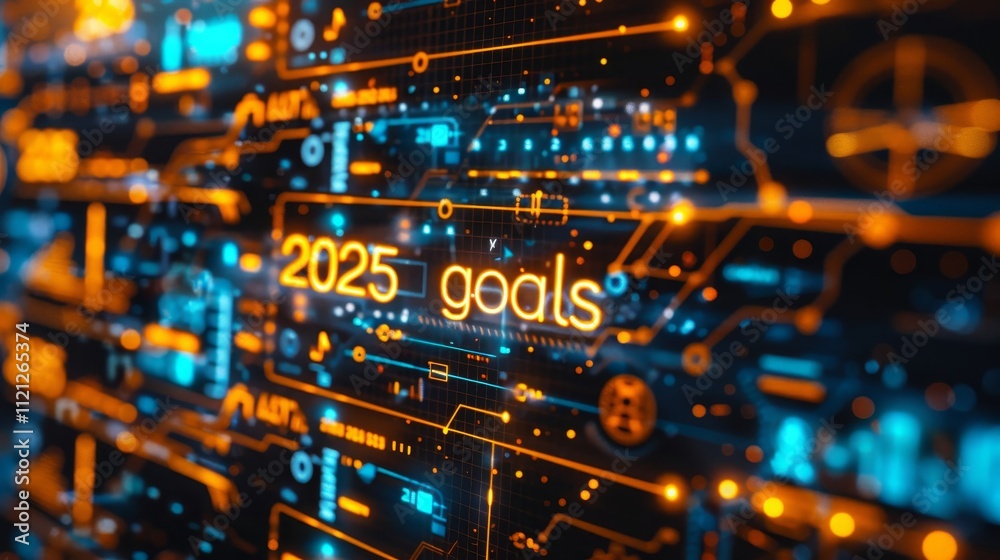 Illuminated text 2025 goals in a sleek, high tech environment symbolizing ambition and progress Illuminated text 2025 goals in a sleek, high tech environment symbolizing ambition and progress